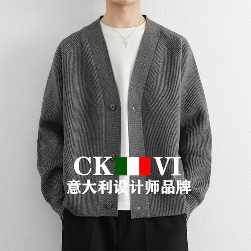 官方正品CKvi开衫羊绒毛衣男宽松复古慵懒老钱风v领羊毛针织衫
