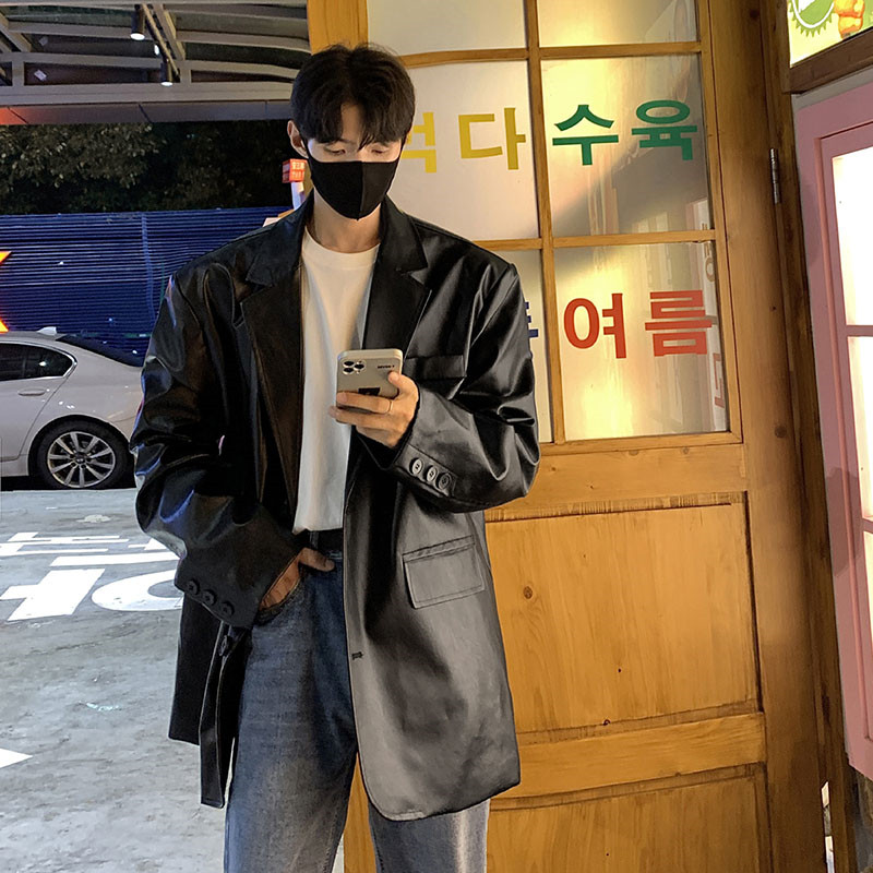 中长款皮衣外套男士秋冬季港风高级感复古西服纯色百搭痞帅夹克潮