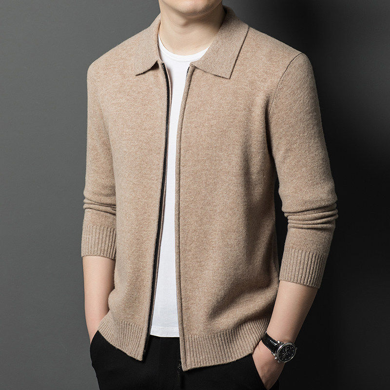春秋季纯羊毛开衫男2026新款休闲翻领纯色拉链男士加厚毛衣外套