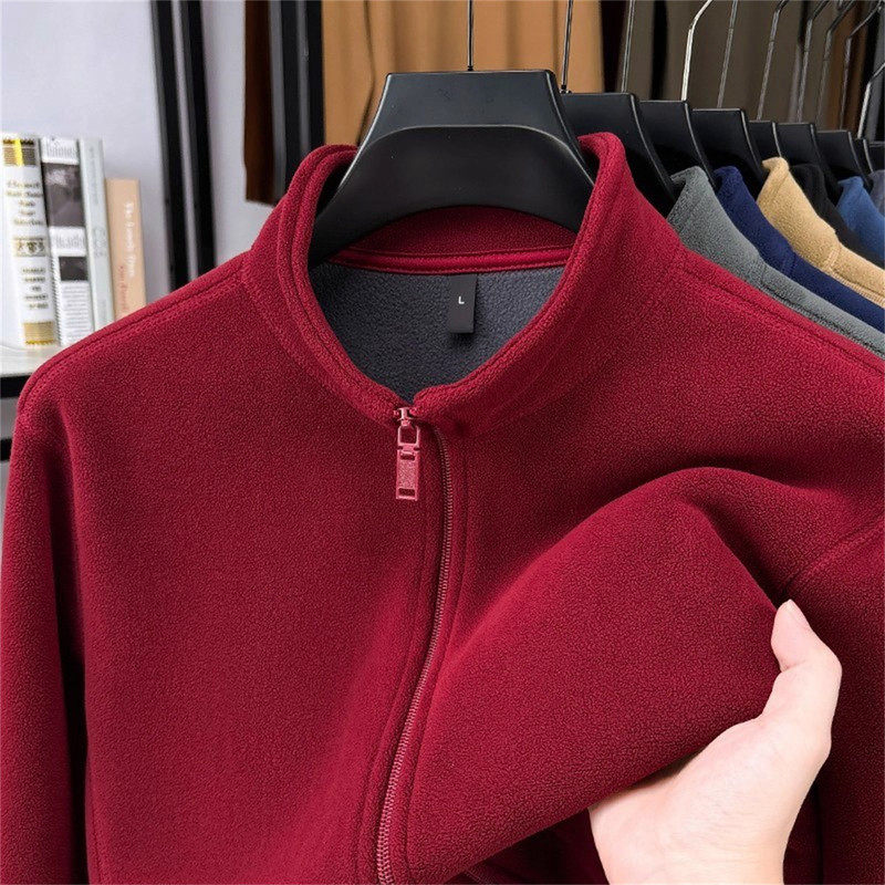 高端红色摇粒绒开衫卫衣外套男士2025新款秋冬季加绒保暖上衣男款
