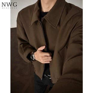 美式 2026新款 复古宽松翻领外套男休闲夹克 棕色呢大衣男春秋季 短款