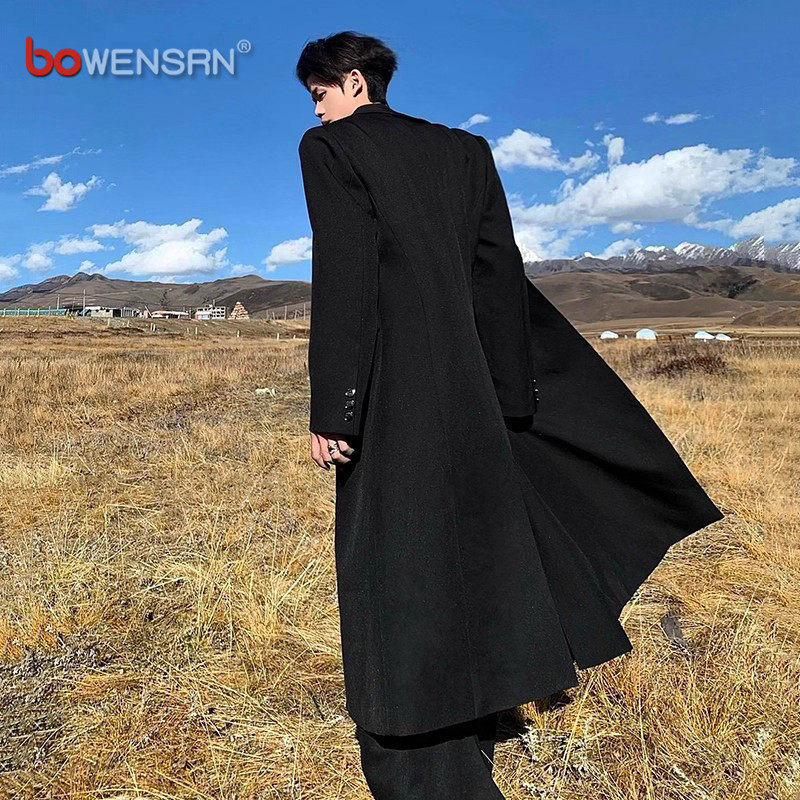 德式黑色教父长款毛呢风衣男士2025新款冬装痞帅大衣夹棉外套男款