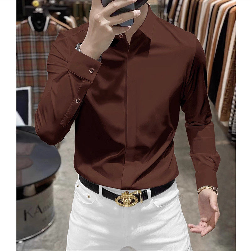 意大利品牌高端暗扣长袖衬衫男士秋季新款免烫抗皱修身休闲衬衣潮