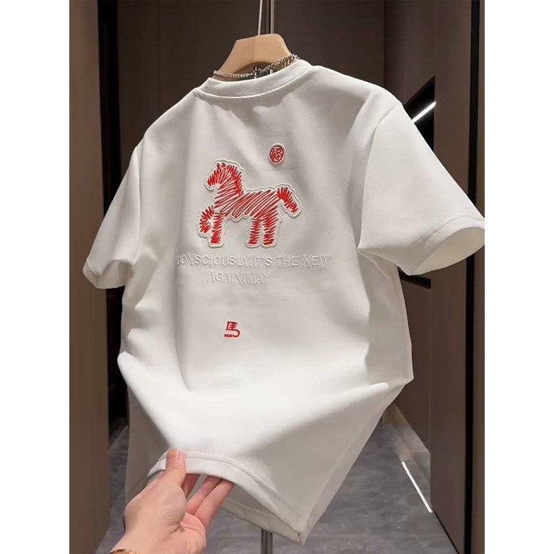 国潮战马刺绣纯棉白色短袖T恤男夏季高街痞帅小圆领修身半袖上衣