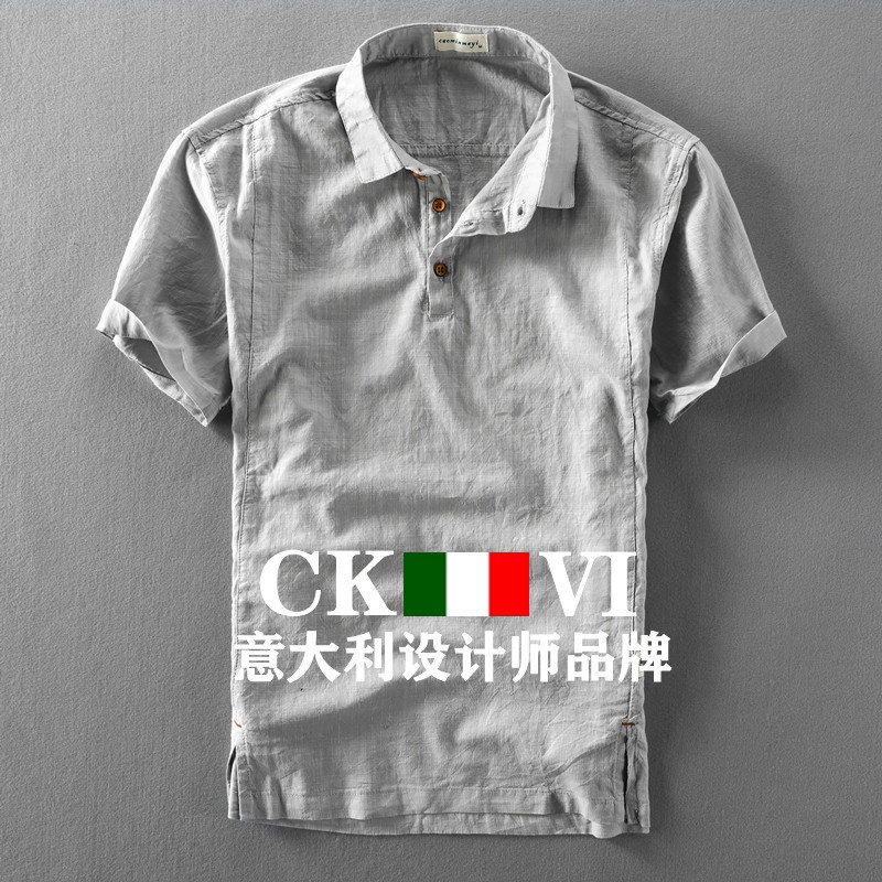 官方正品CKvi男亚麻短袖衬衫棉麻复古透气套头半袖麻布休闲男衬衣