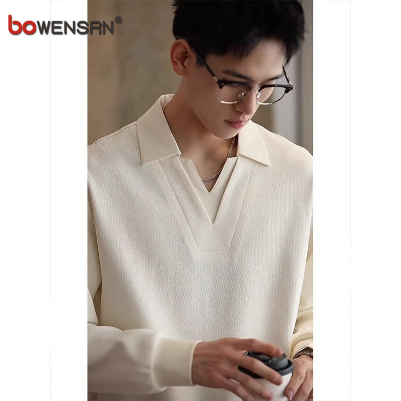 高级感假两件polo衫男士长袖t恤2026新款春秋冬季v领痞帅卫衣男款