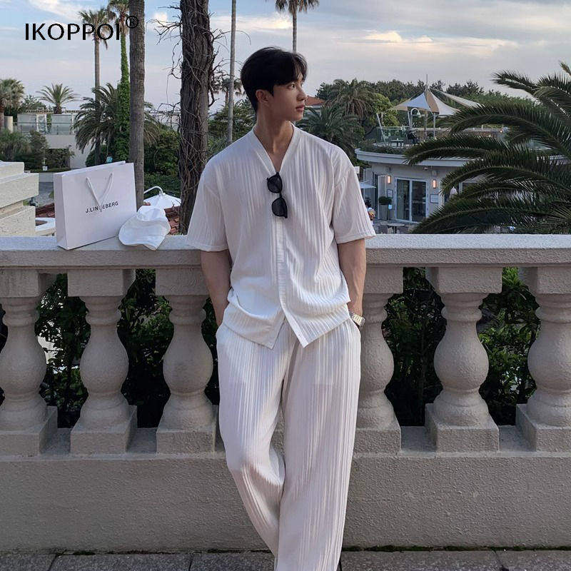 轻奢冰丝凉感休闲运动套装男士夏季短袖衬衫痞帅穿搭配一整套衬衣