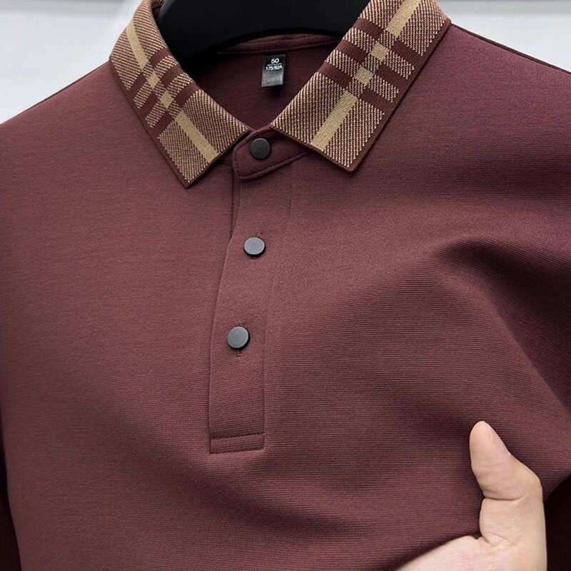 高端绵羊毛！色织翻领！复古polo衫男长袖春秋季百搭商务t恤上衣