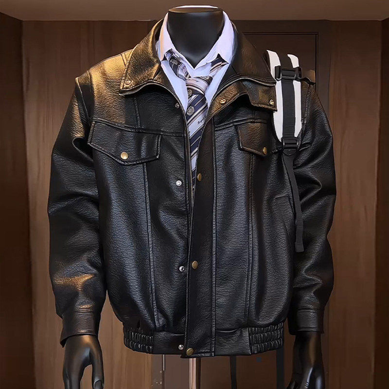潮牌美式复古廓形皮衣夹克男春秋季正肩短款外套高级感情侣机车服