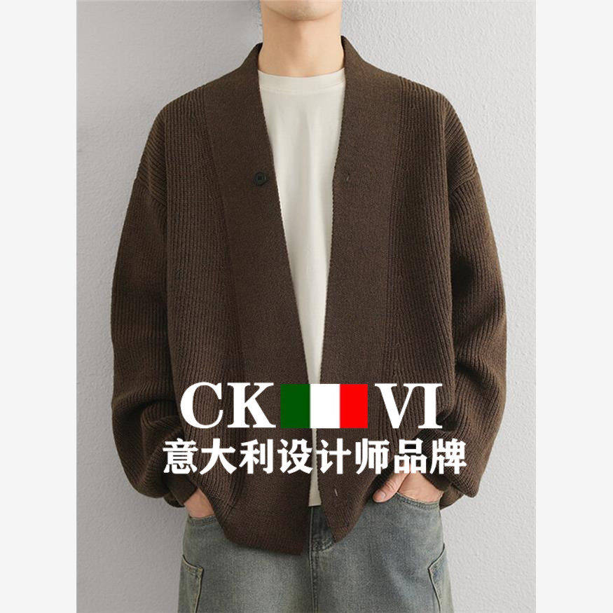 官方正品CKvi高级感针织羊绒开衫毛衣男春季复古潮流羊毛针织上衣