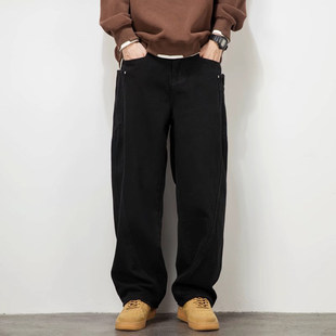 休闲弯刀裤 秋冬加绒黑色牛仔裤 男宽松直筒设计感垂感阔腿潮牌长裤