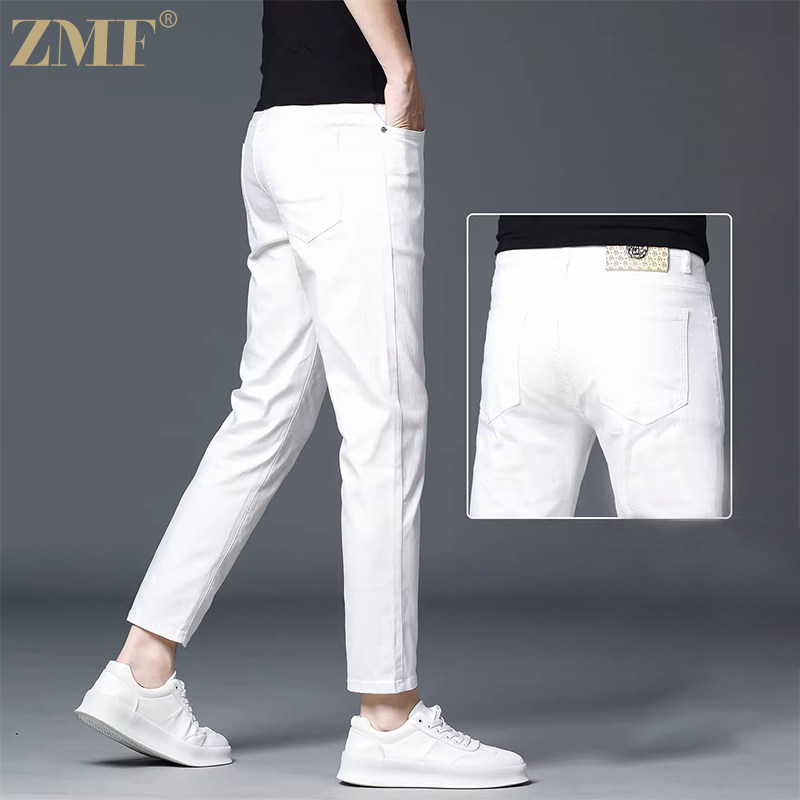 ZMF高端白色牛仔裤男士九分裤夏季新款弹力修身小脚休闲裤子薄款