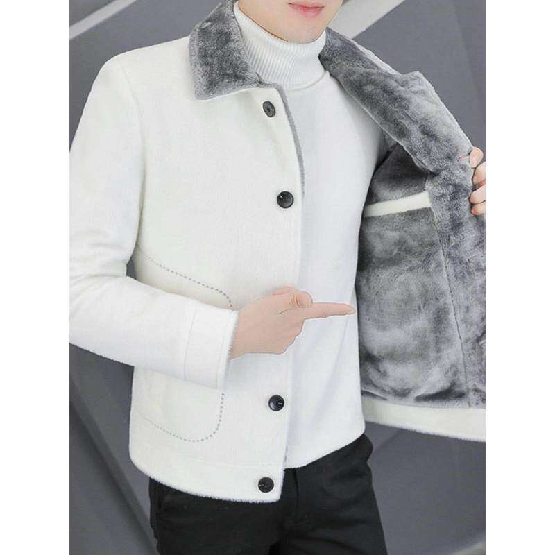 秋冬季白色貂绒外套男加厚保暖翻领休闲韩版修身短款毛呢夹克风衣