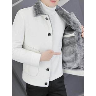 秋冬季白色貂绒外套男加厚保暖翻领休闲韩版修身短款毛呢夹克风衣