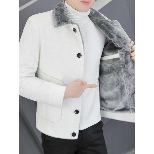 秋冬季白色貂绒外套男加厚保暖翻领休闲韩版修身短款毛呢夹克风衣