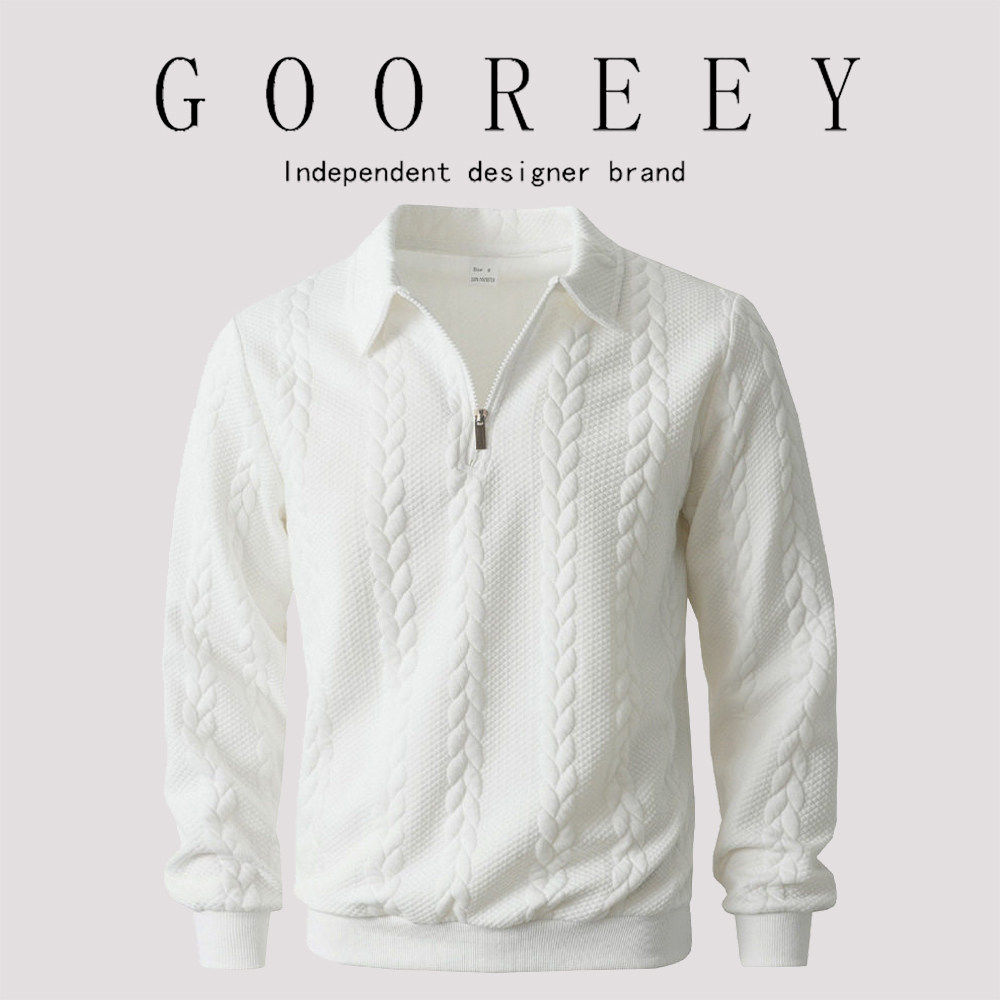 GooReey美式潮流户外休闲男2026春秋纯色翻领提花半拉链套头卫衣