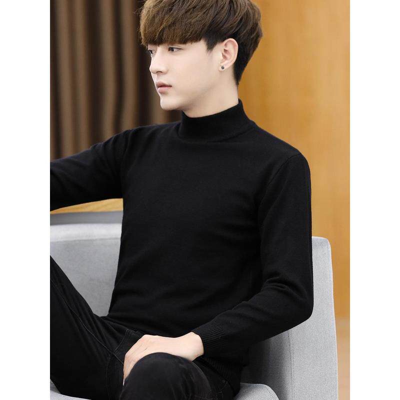 男士毛衣半高领秋冬季修身内搭百搭针织打底衫纯黑色中领潮流线衣