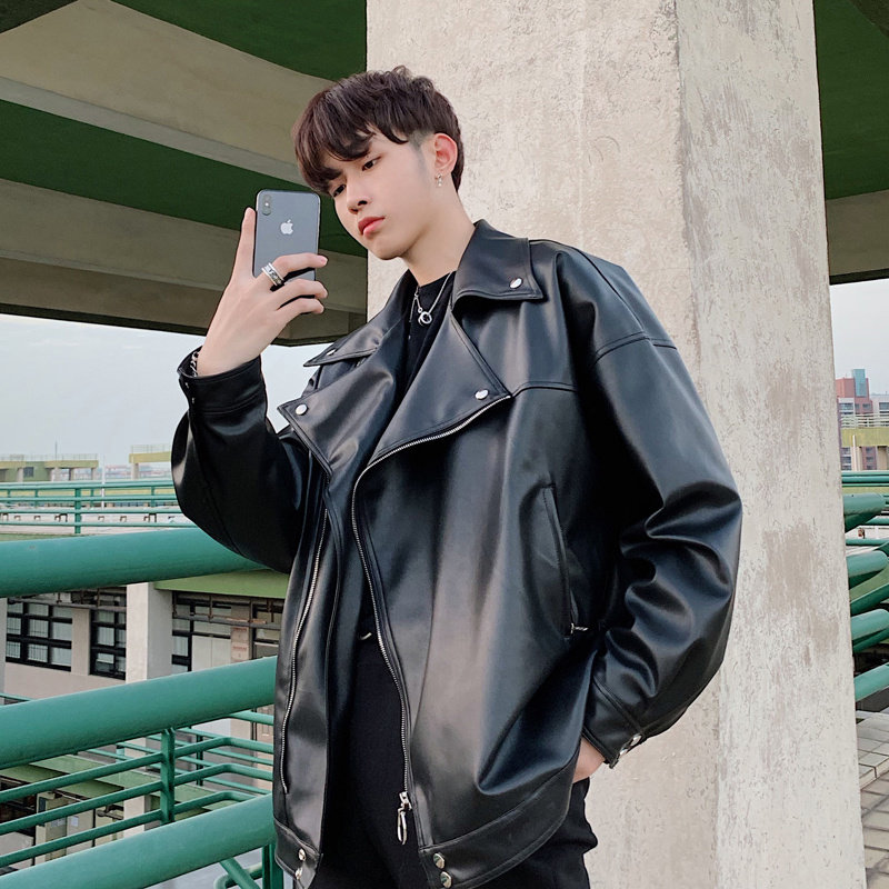 潮牌皮衣外套男春秋韩国ins潮宽松机车服休闲真皮翻领飞行员夹克