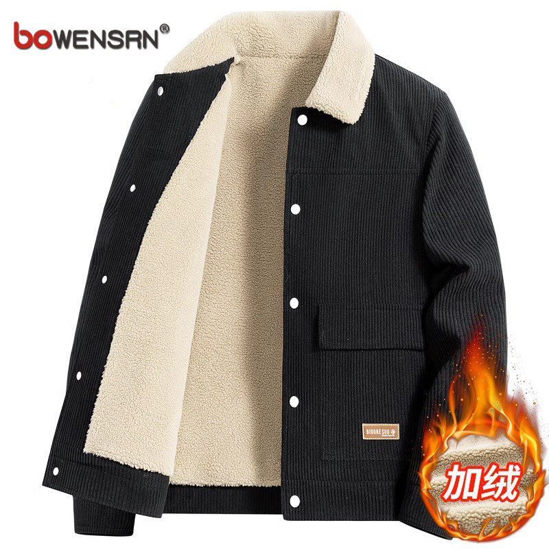 高端灯芯绒外套男士2025新款春秋冬季加绒加厚羊羔绒商务夹克男款