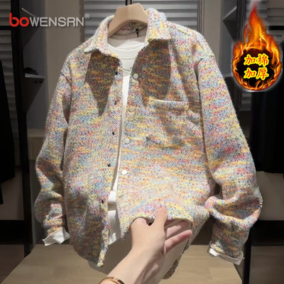 小香风编织翻领外套男士2025新款秋冬装加厚高级感夹克棉衣服男款