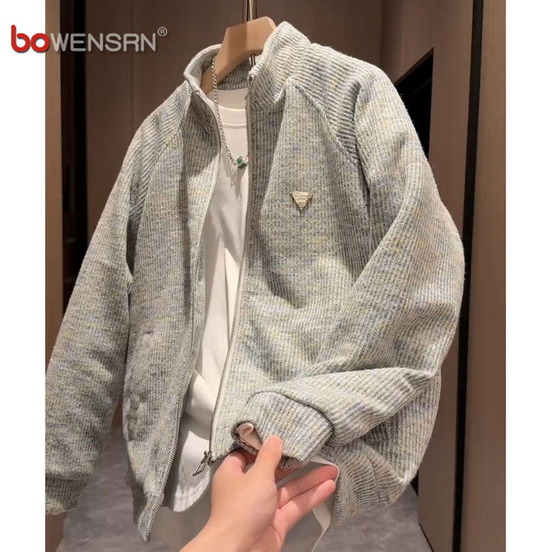 潮牌针织立领棉服外套男士2025新款秋冬装加厚痞帅男外套夹克男款