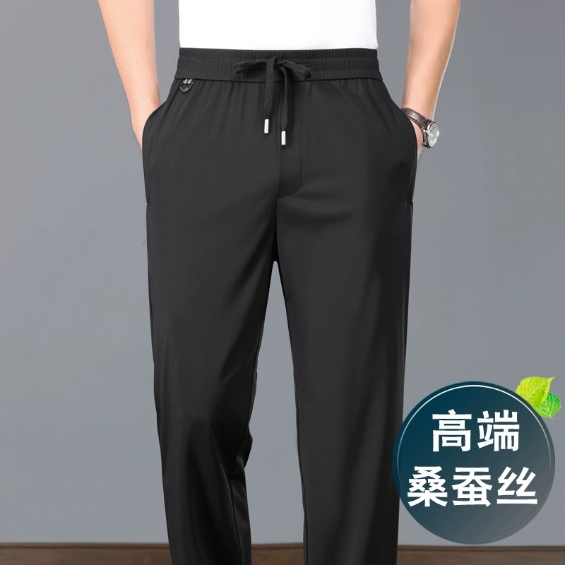 意大利高端桑蚕丝男裤薄款夏季裤子冰丝长裤直筒休闲裤男宽松运动