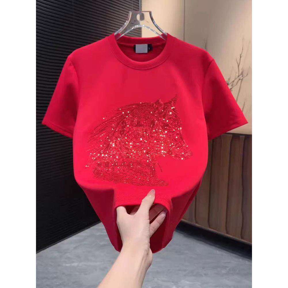 2026新款国潮个性马年珠片绣短袖男款T恤红色潮流百搭半袖打底衫