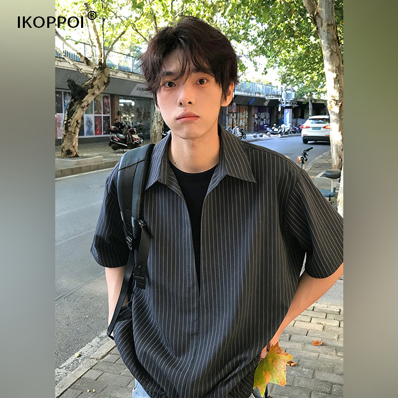 轻奢假两件竖条纹短袖衬衫男韩系拼接翻领t恤衬衣情侣款半袖外套