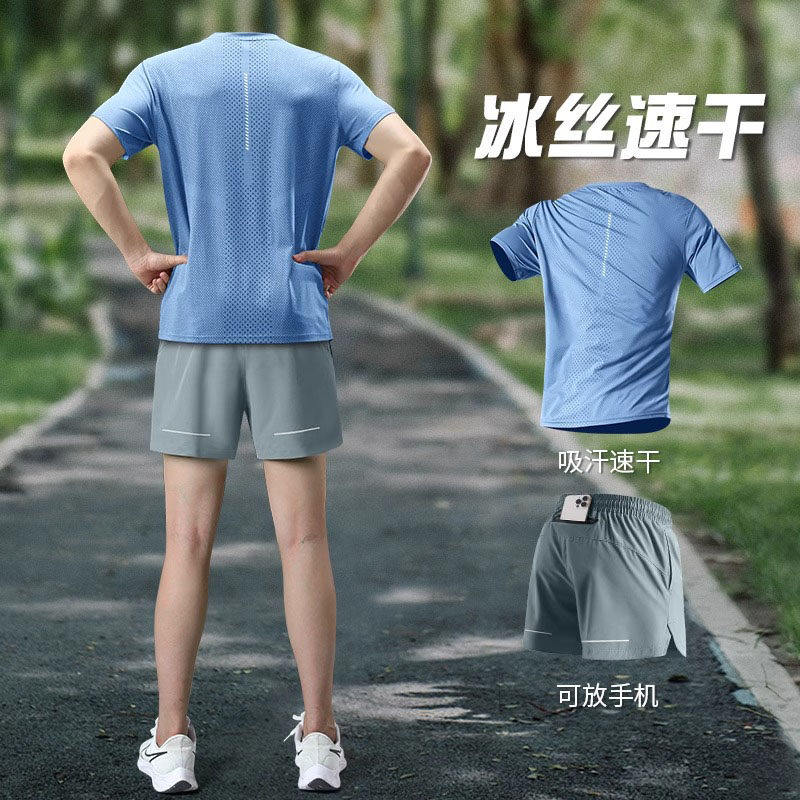 日本健身衣服马拉松训练装备跑步男运动套装专用冰丝速干短袖短裤