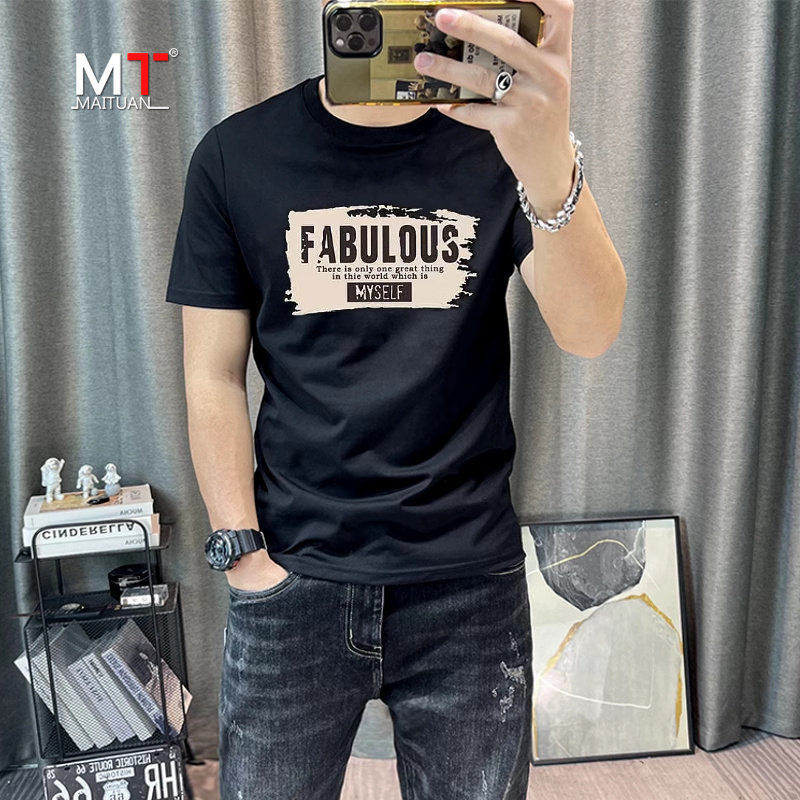 高端纯棉短袖t恤男士夏季2026年新款潮流字母印花修身体恤衫男款