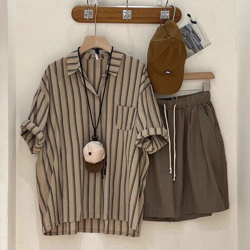 高端夏季冰丝宽松休闲套装男士韩版短袖衬衣条纹衬衫短裤两件套薄