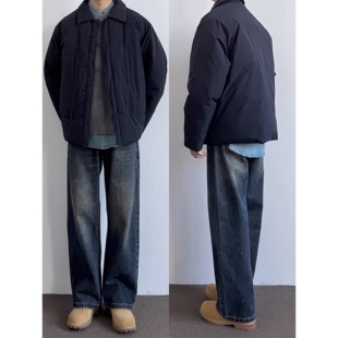 韩国Uamtor深蓝色牛仔裤男生秋冬季宽松阔腿裤美式复古直筒工装裤