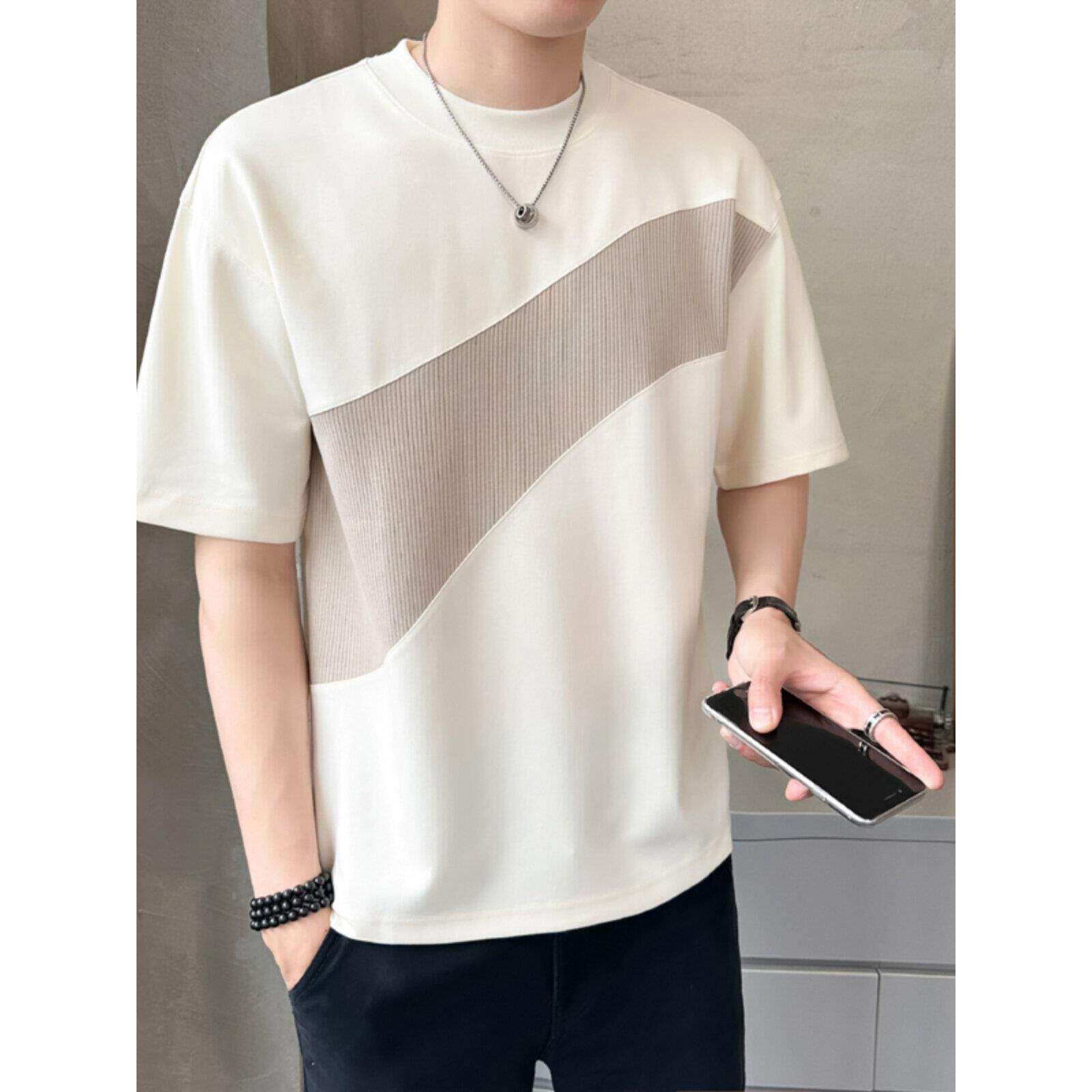 速干冰丝棉凉感短袖t恤男士2026夏季新款微宽松高端拼接半袖体恤