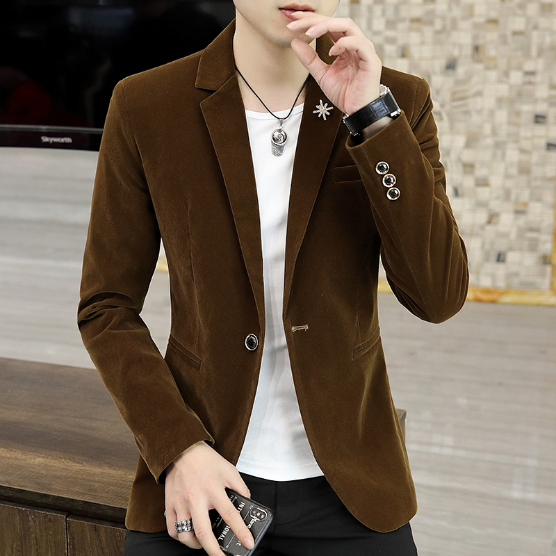 DGVV春秋季金丝绒西服男士外套平绒小西装休闲修身帅气纯色上衣服