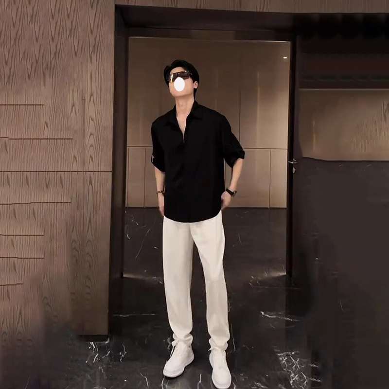 高端高级感男装休闲套装夏季冰丝垂感短袖衬衫穿搭一套七分袖衬衣