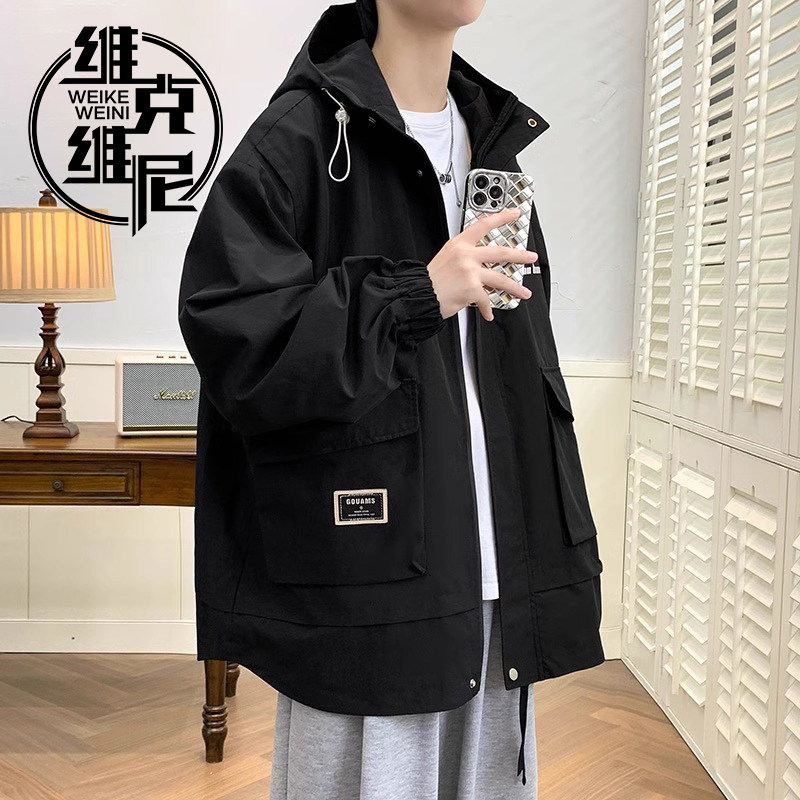 美式工装冲锋衣男士春秋季潮牌潮流休闲帅气宽松大码连帽夹克外套