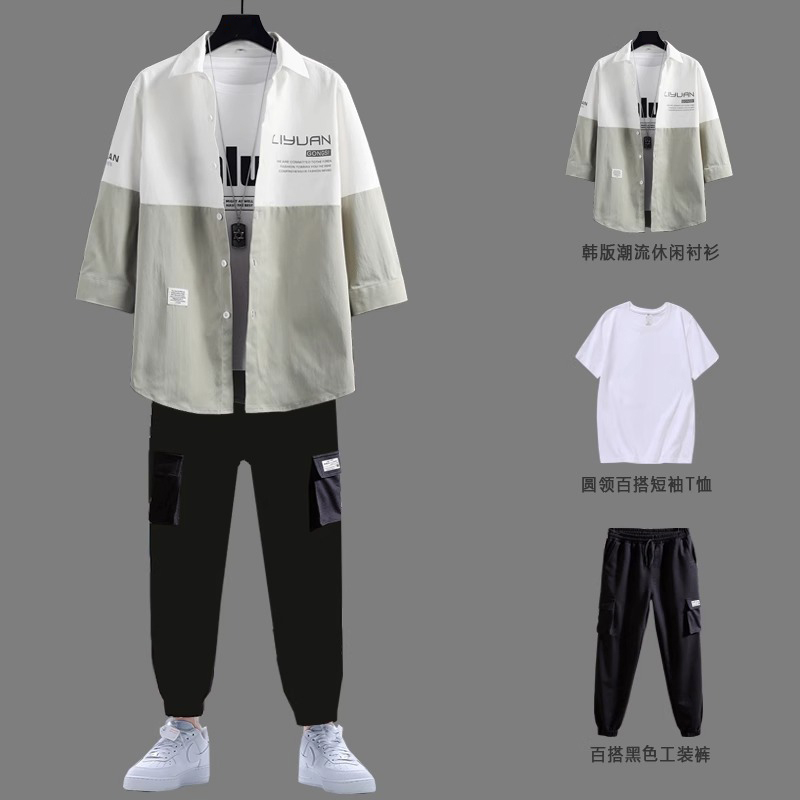高端男士2025夏季短袖套装男装穿搭配一套痞帅气潮流七分袖衬衫