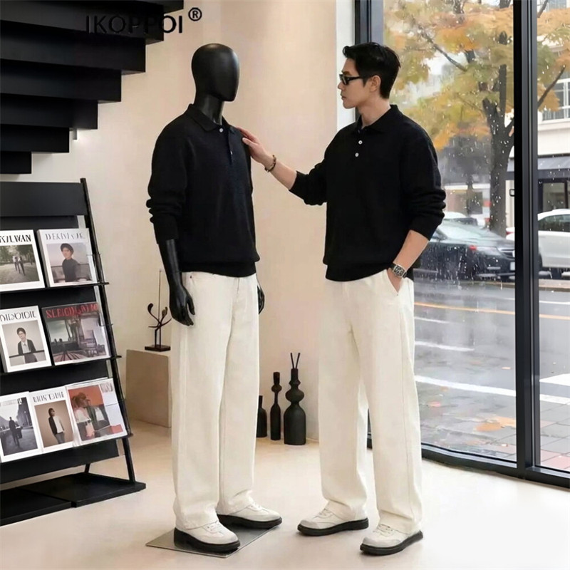 轻奢男款秋季简约翻领polo衫重磅牛仔窄版阔腿裤穿搭通勤两件套潮