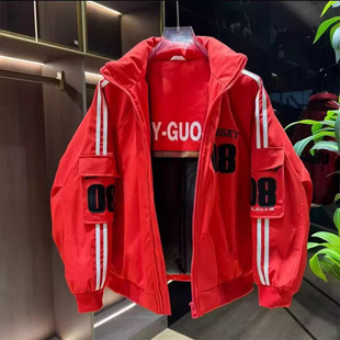 高端红色立领轻薄羽绒服男士2025新款冬季装潮牌加厚休闲外套男款