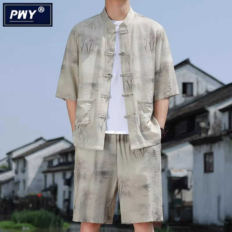 潮牌冰丝休闲套装男夏季2025新款新中式短袖衬衫中国风汉服两件套