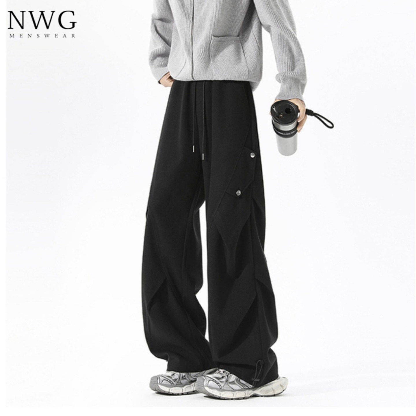 褶皱工装伞兵裤男春秋季美式高街宽松抽绳直筒运动裤子男休闲长裤