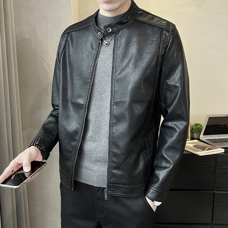 立领皮衣男士真皮春季修身短款机车服皮夹克高端休闲帅气百搭外套