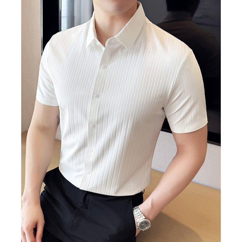 LL男装衬衫男短袖高级感商务垂感抗皱夏新款正装白色条纹修身衬衣