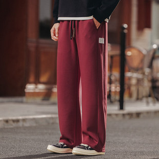 HS冬季高端美式复古酒红色休闲裤男士潮牌宽松直筒阔腿百搭长裤子