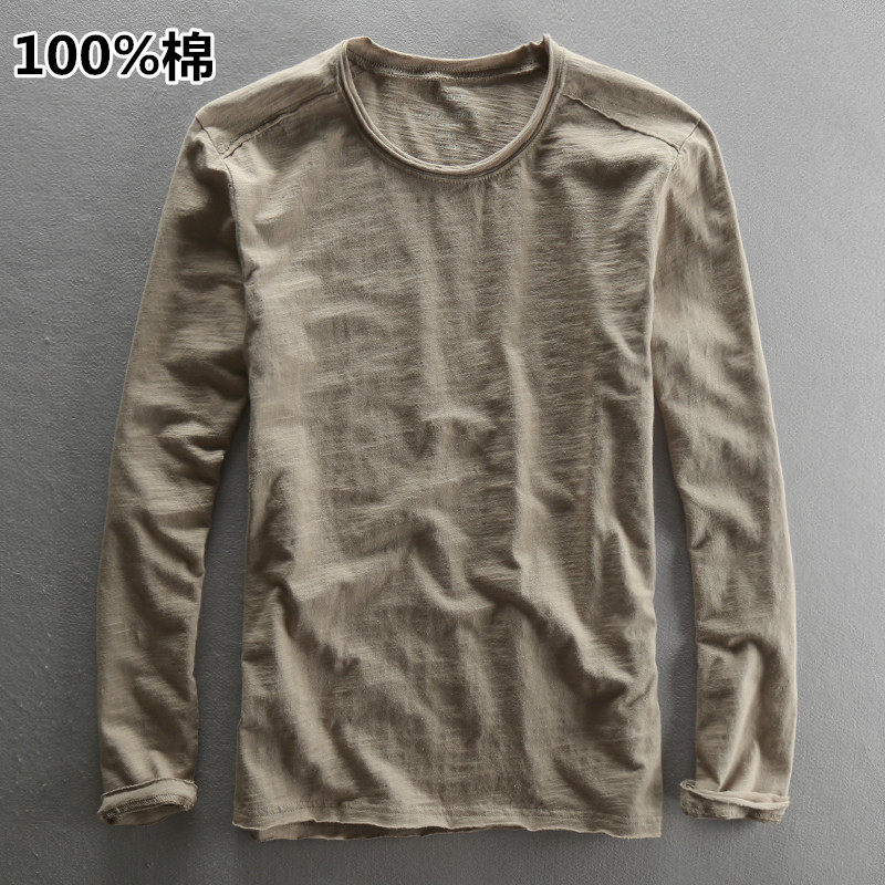 Mostarsea~日系竹节棉圆领长袖T恤男春秋纯棉多色休闲全棉打底衫