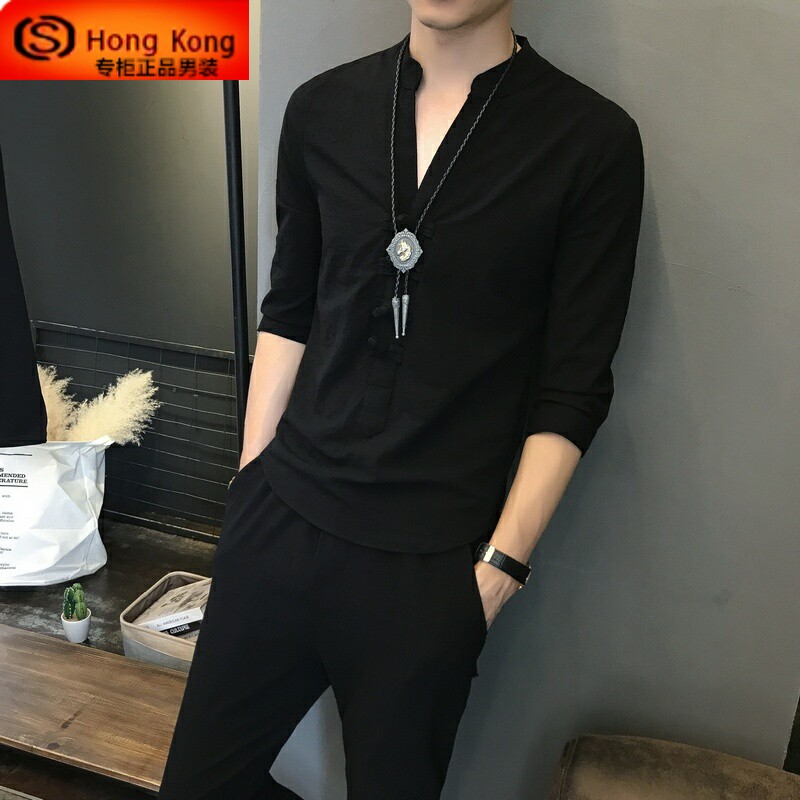 亚麻男士休闲套装春夏季2026新款薄款棉麻七分短袖潮牌运动两件套