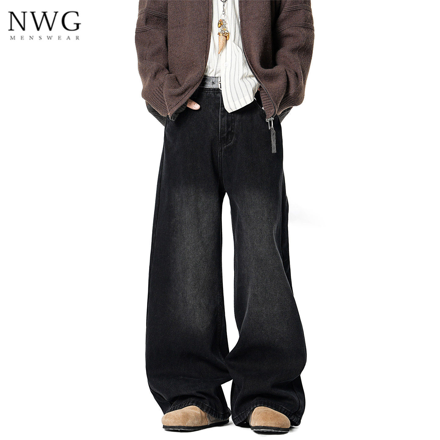 做旧水洗牛仔裤男春秋季美式复古宽松直筒拖地阔腿裤子男休闲长裤