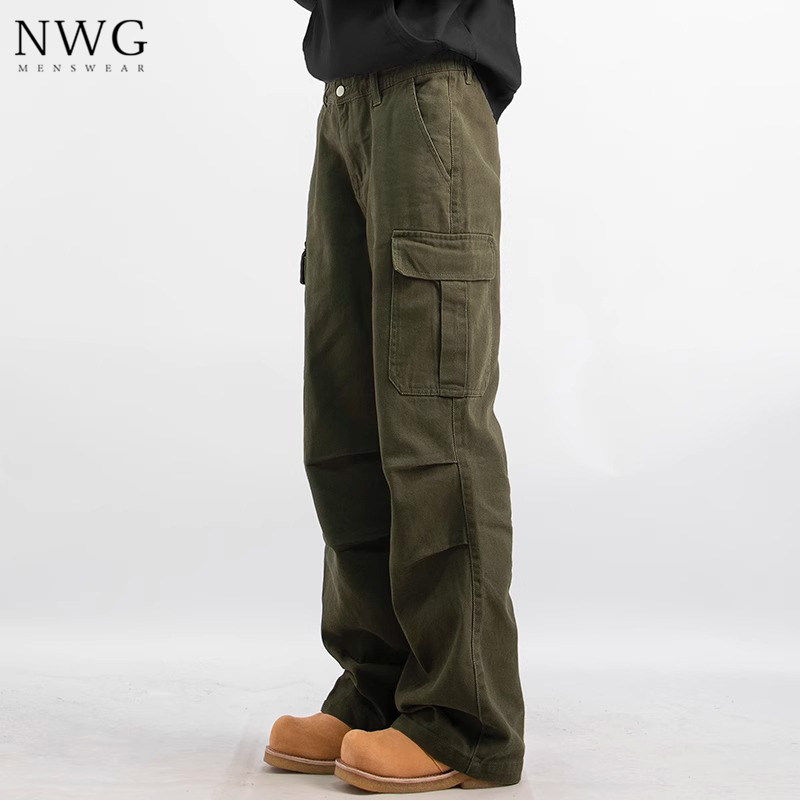 军绿色工装裤男潮牌春秋季新款美式复古宽松直筒裤子男士休闲长裤