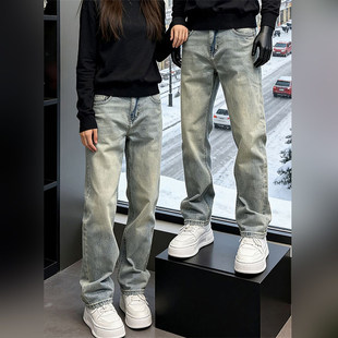 潮牌浅蓝色窄版修身牛仔裤男款春季美式复古vibe高街休闲直筒长裤
