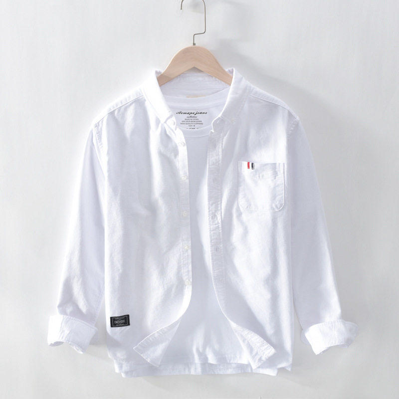 香港日系休闲外穿衬衫男士春秋装纯棉方领长袖上衣服秋季男款衬衣